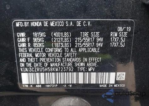 2019 Honda Hr-V Ex from USA, damaged, VIN 3CZRU5H58KM723792